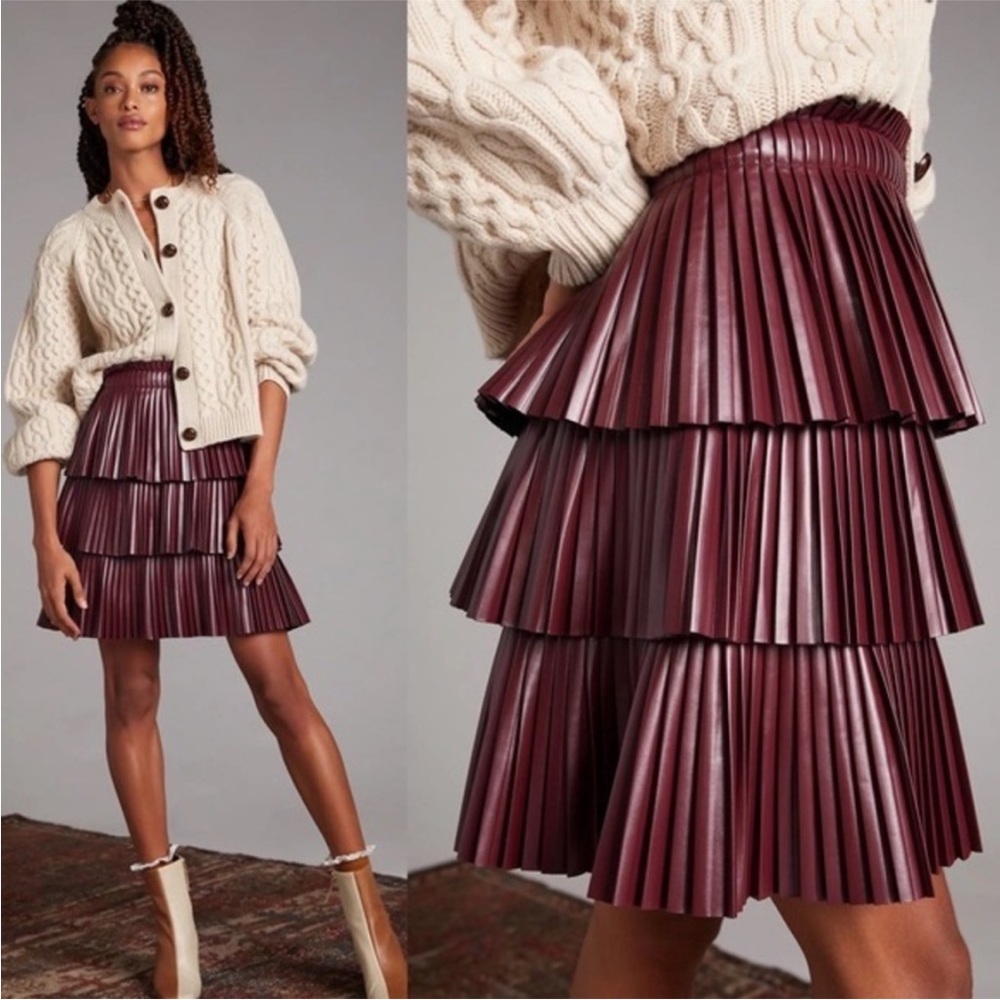 NWT Mare Mare x Anthropologie Tiered Faux Leather Skirt in Plum, Women’s XS